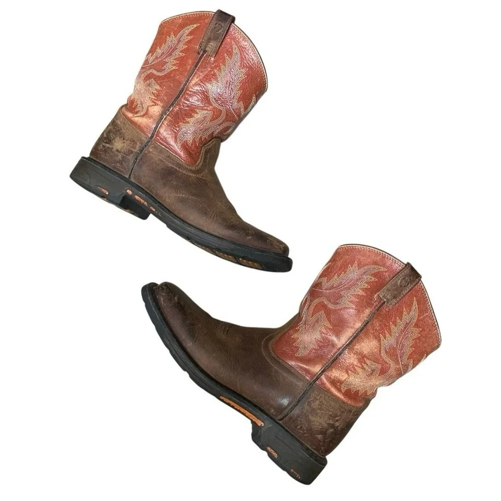 Ariat Kids Work Hog Size 6 Square Toe Distressed Western Boots Tan Red 10007837